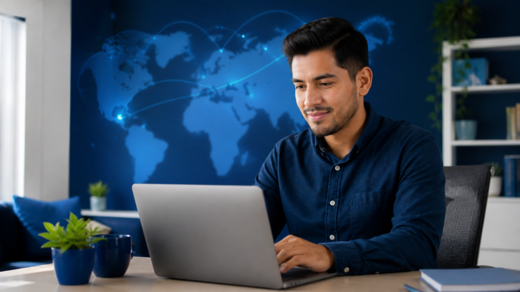 Profesional trabajando de forma remota en un entorno digital internacional